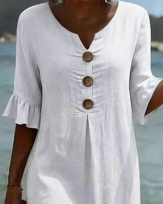 Vanessa™ | Puff Sleeve Linen Textured Dress with Button Details