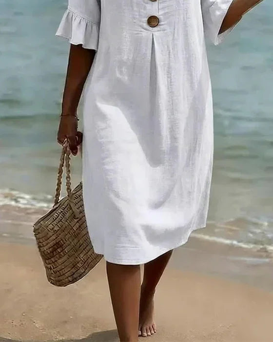Vanessa™ | Puff Sleeve Linen Textured Dress with Button Details