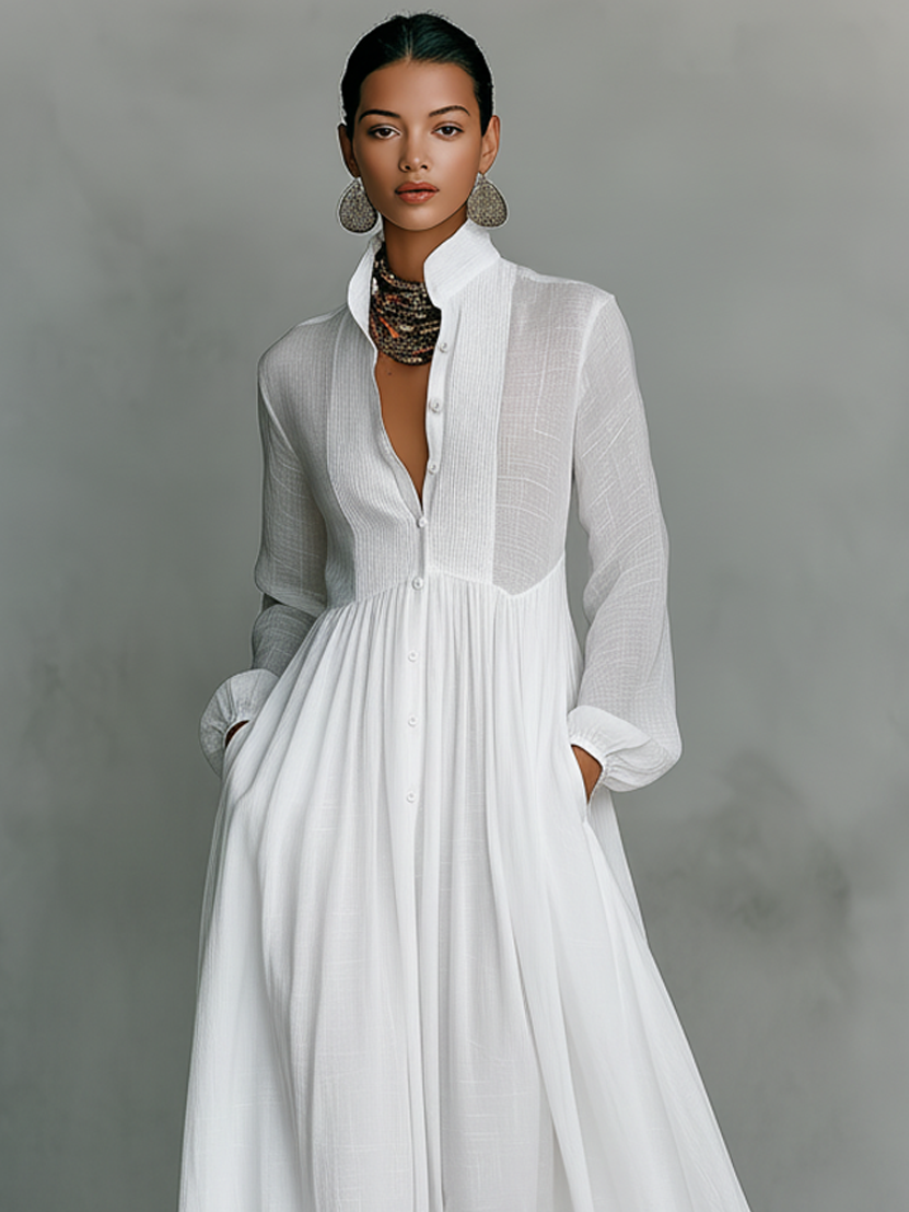 Stand Collar Patchwork Linen Maxi Dress