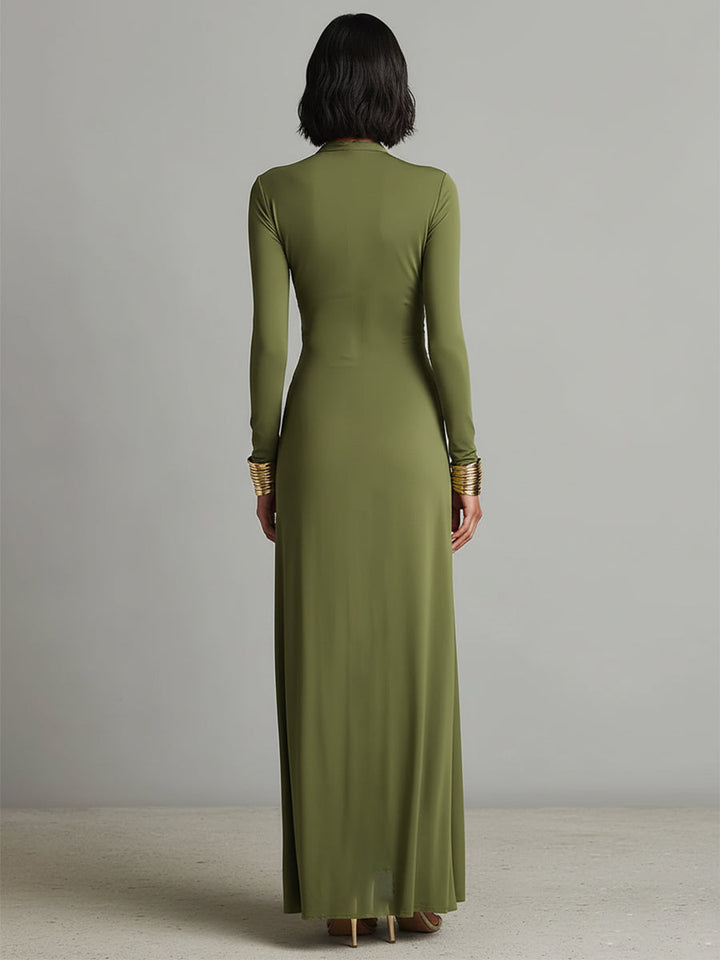 V-Neck Olive Silk Maxi Dress