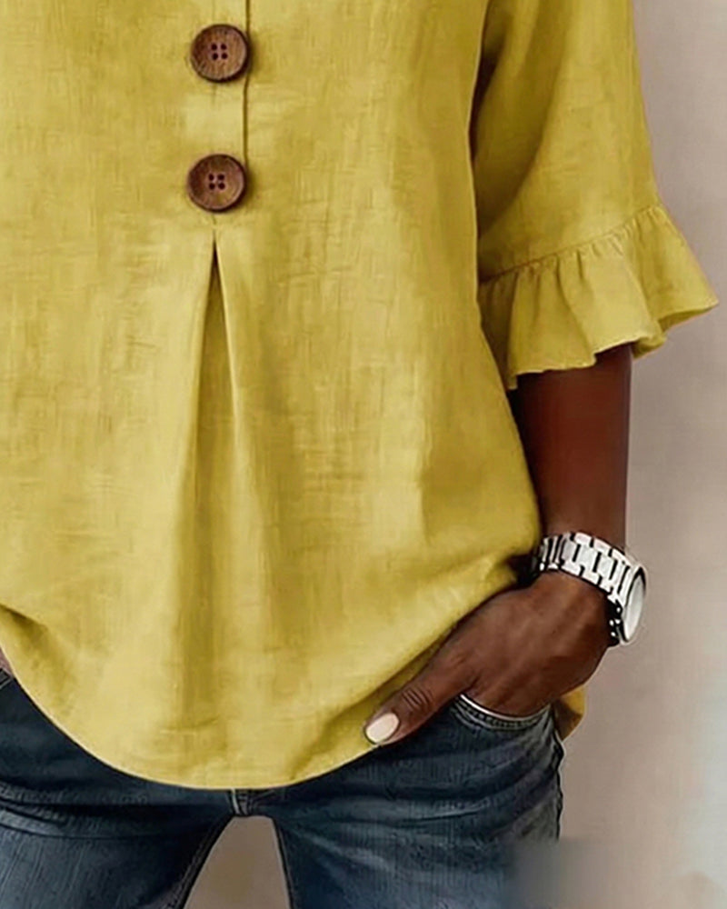 Sophia | Solid Colour Cotton-Linen Blouse