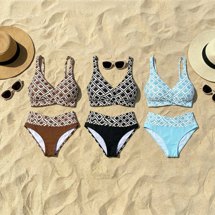 Valeria - High-waisted bikini with retro geometric print