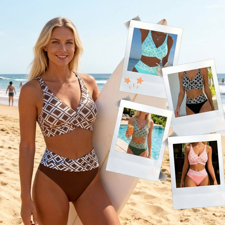 Valeria - High-waisted bikini with retro geometric print