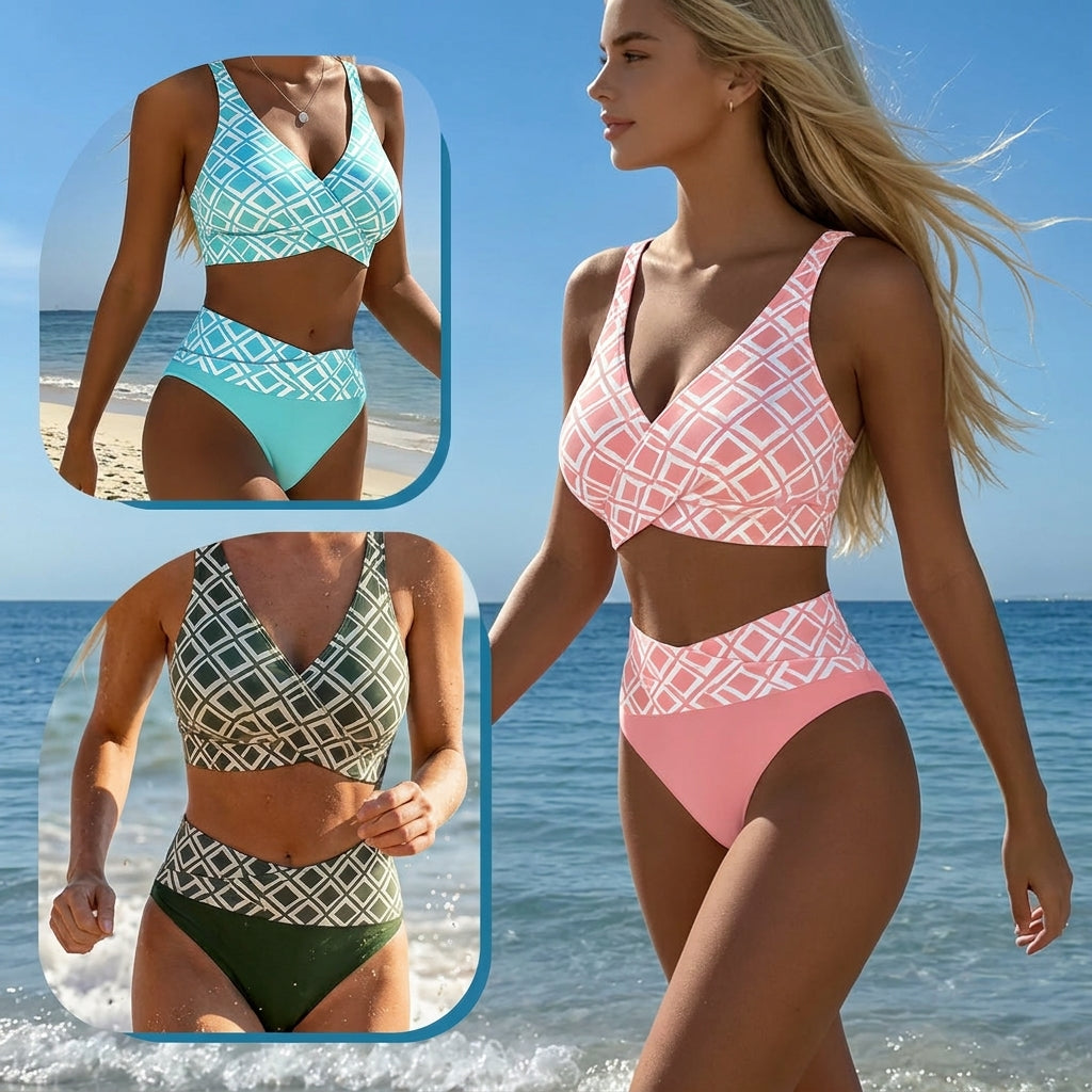 Valeria - High-waisted bikini with retro geometric print