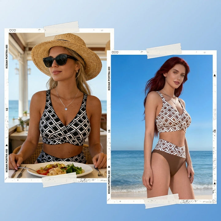 Valeria - High-waisted bikini with retro geometric print