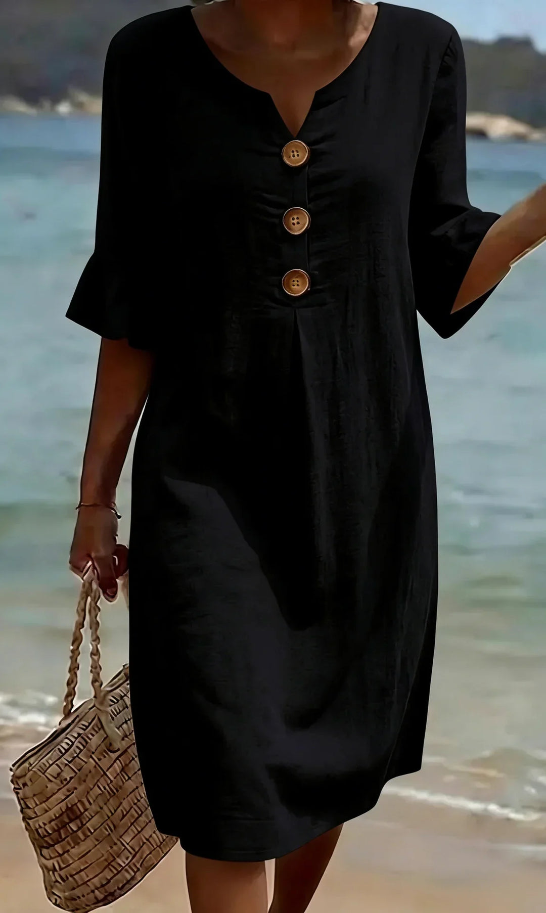 Vanessa™ | Puff Sleeve Linen Textured Dress with Button Details