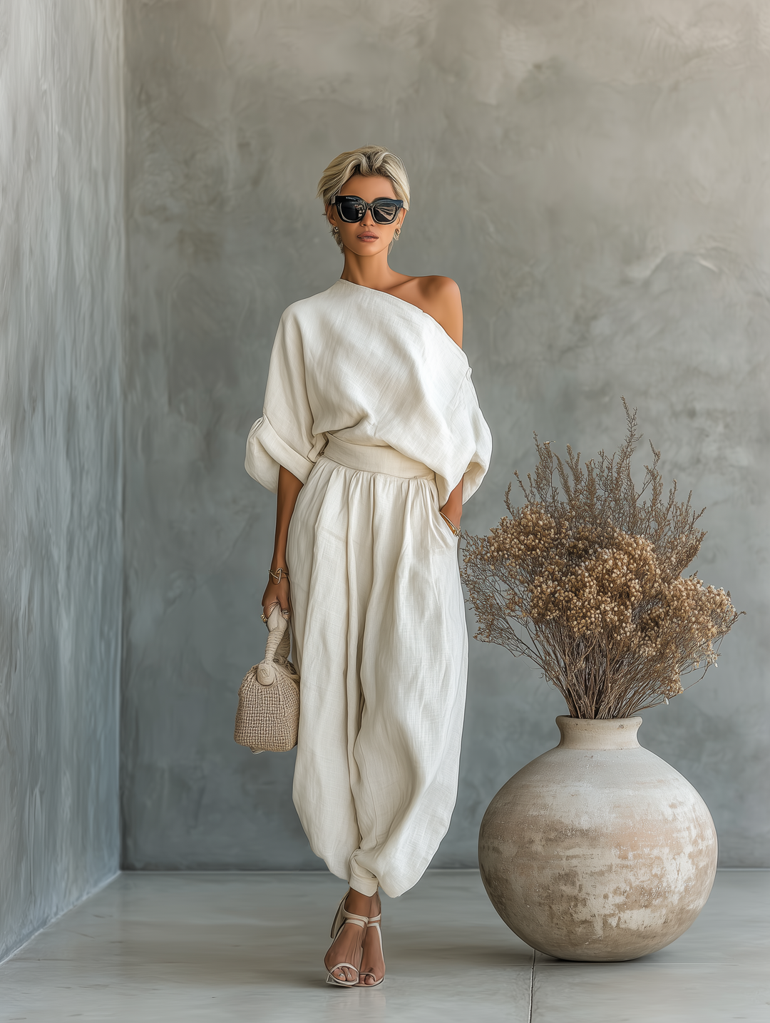 Off-Shoulder Linen Trouser Set