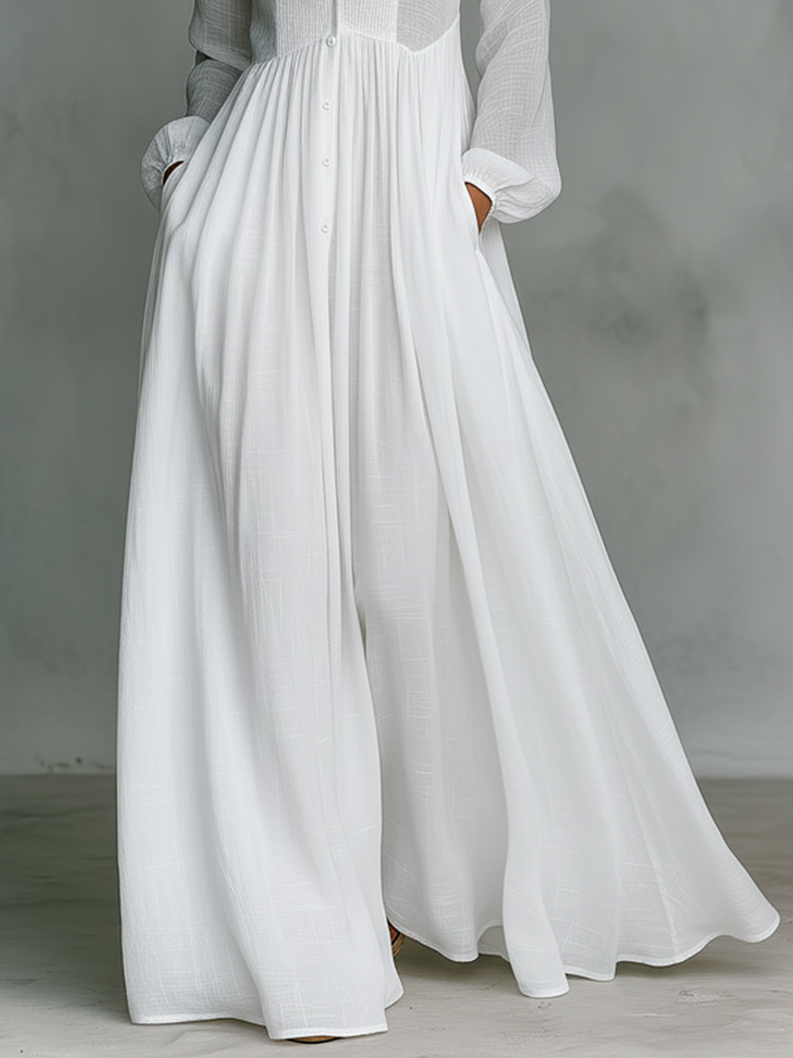 Stand Collar Patchwork Linen Maxi Dress