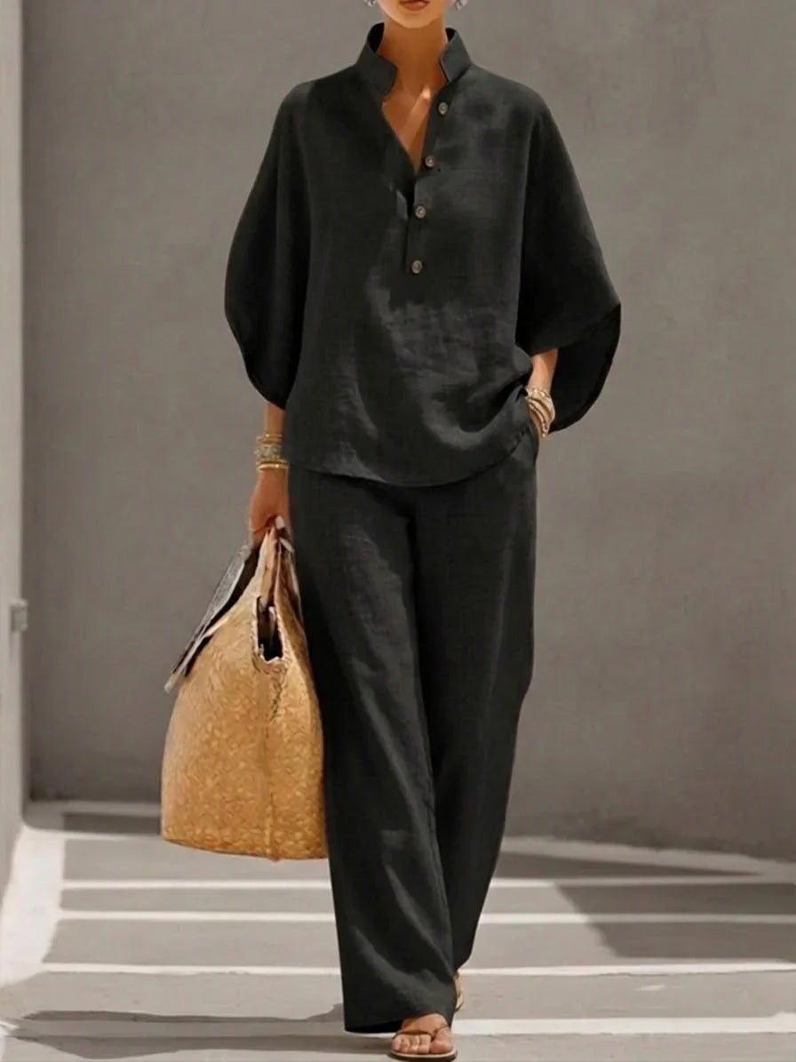 Madeline™ | Linen Ensemble with Batwing Sleeves and Flowing Trousers