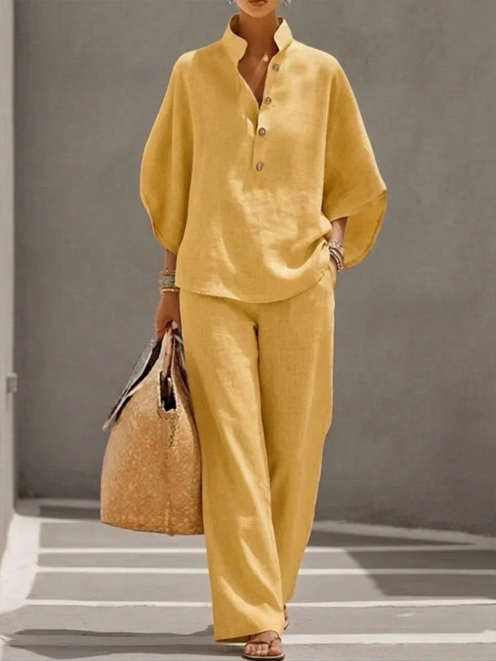 Madeline™ | Linen Ensemble with Batwing Sleeves and Flowing Trousers