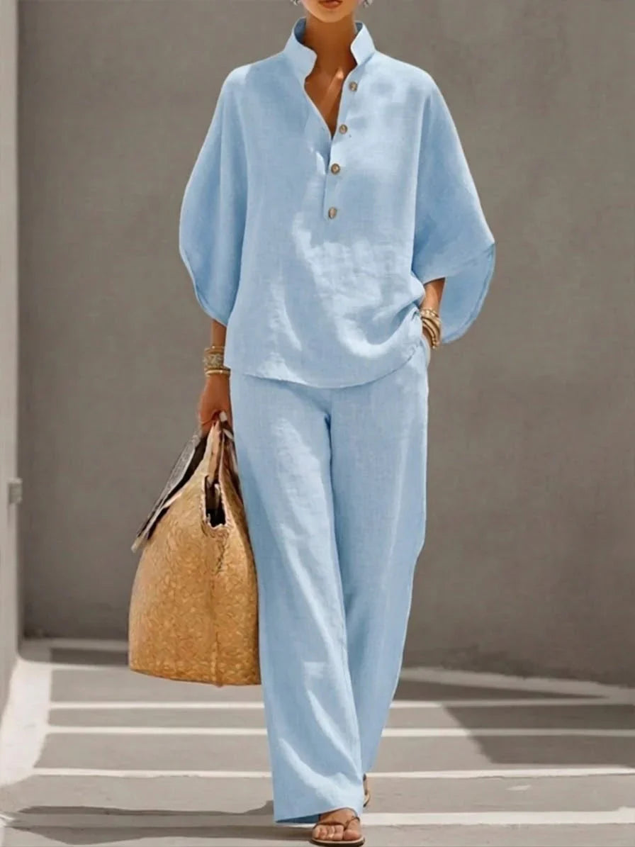 Madeline™ | Linen Ensemble with Batwing Sleeves and Flowing Trousers