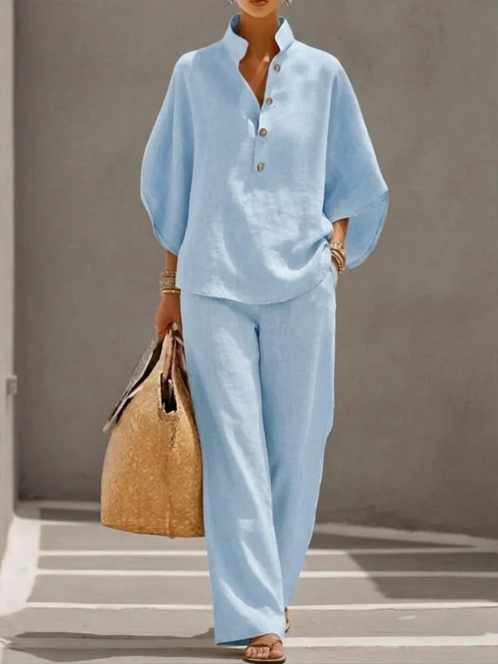 Madeline™ | Linen Ensemble with Batwing Sleeves and Flowing Trousers