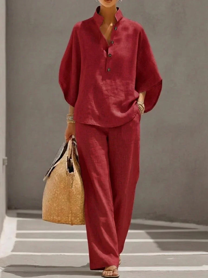 Madeline™ | Linen Ensemble with Batwing Sleeves and Flowing Trousers