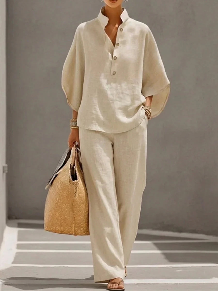 Madeline™ | Linen Ensemble with Batwing Sleeves and Flowing Trousers