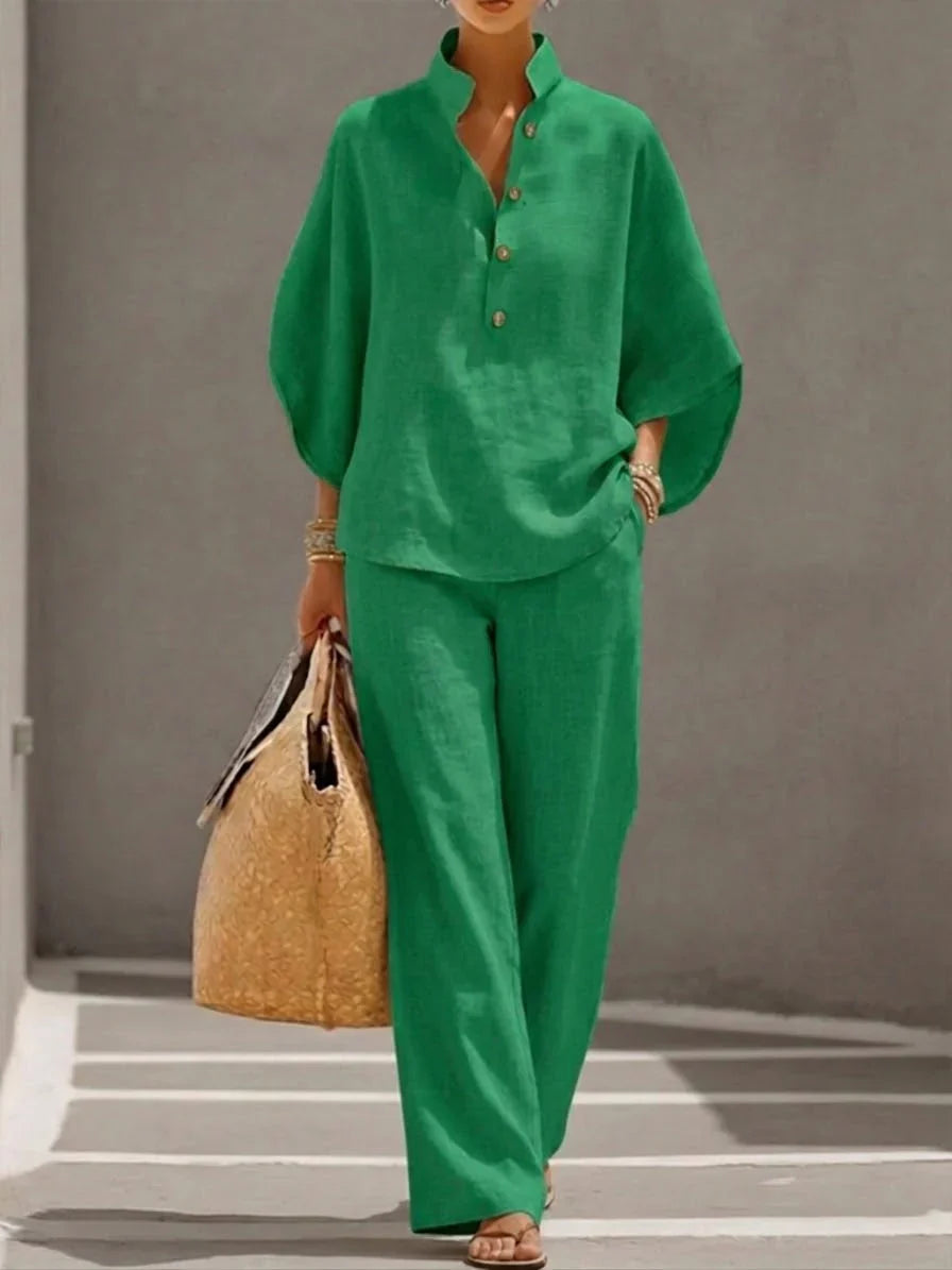 Madeline™ | Linen Ensemble with Batwing Sleeves and Flowing Trousers